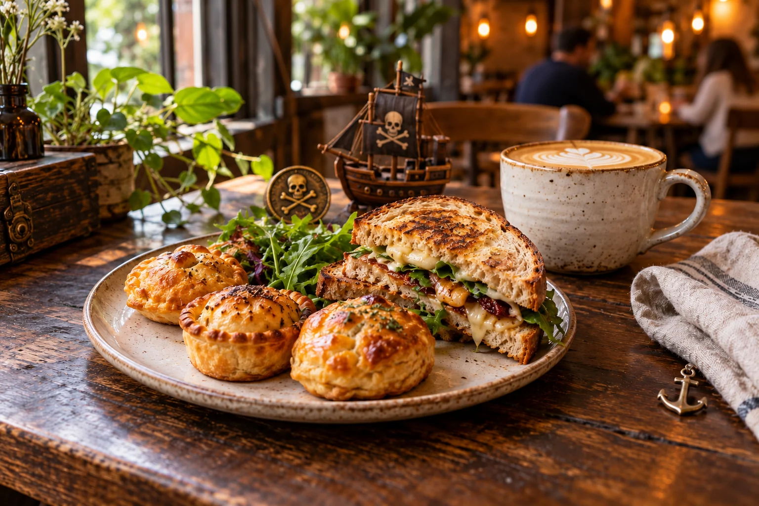Menu mood concept: a latte, small golden pastries and a toasted sandwich on walnut with small pirate knickknacks and an anchor trinket