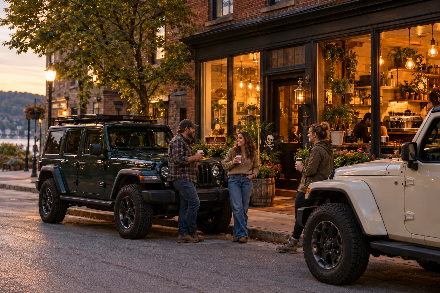 Ex Marks the Trails gathering concept: friends with coffee beside two parked off-road vehicles outside a warmly lit cafe with a small pirate pennant by the entrance