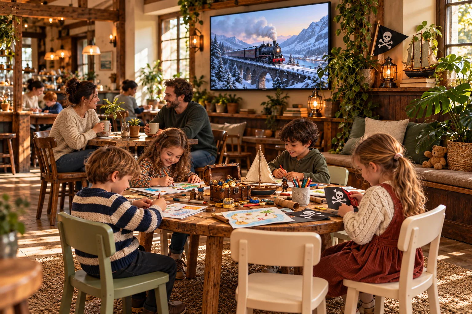 Little Beans concept: children making crafts, nearby parents getting to know one another, a large screen and small pirate treasures