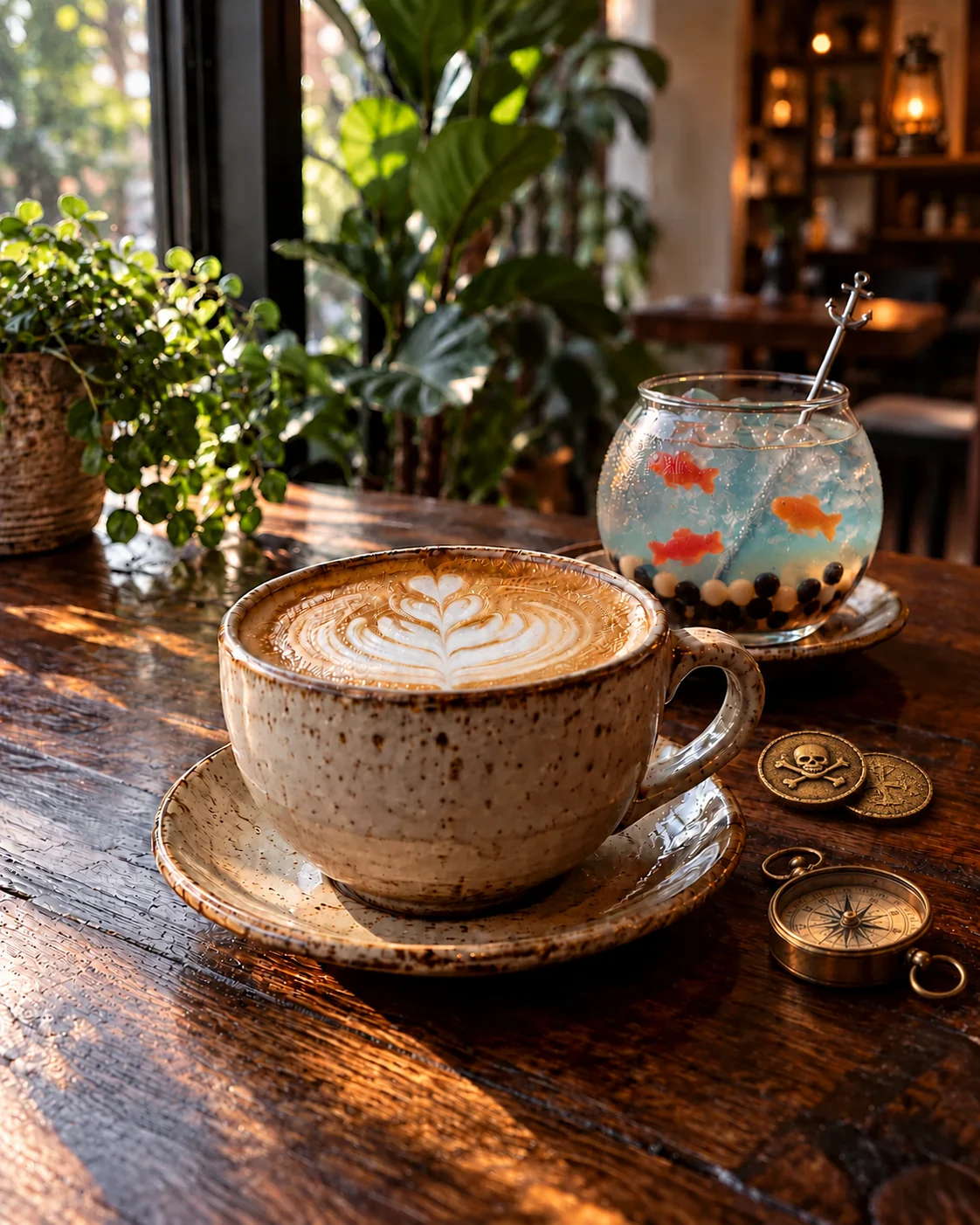 Cafe drinkware concept in warm window light: a latte and pale blue Plenty of Fish in the Tea with edible boba, gummy fish and an anchor stirrer, a small brass compass, pirate doubloons, and a softly blurred ship lantern behind