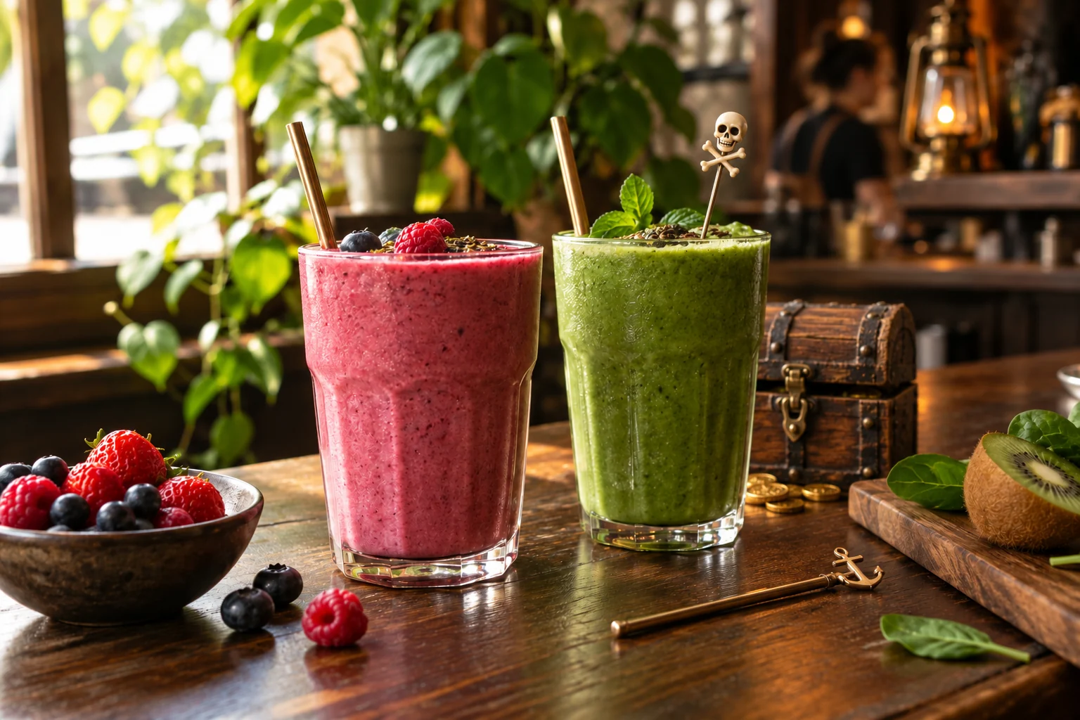 Smoothie concept: berry and green blends with a little pirate-skull pick, a miniature treasure chest, fresh fruit and an anchor stirrer