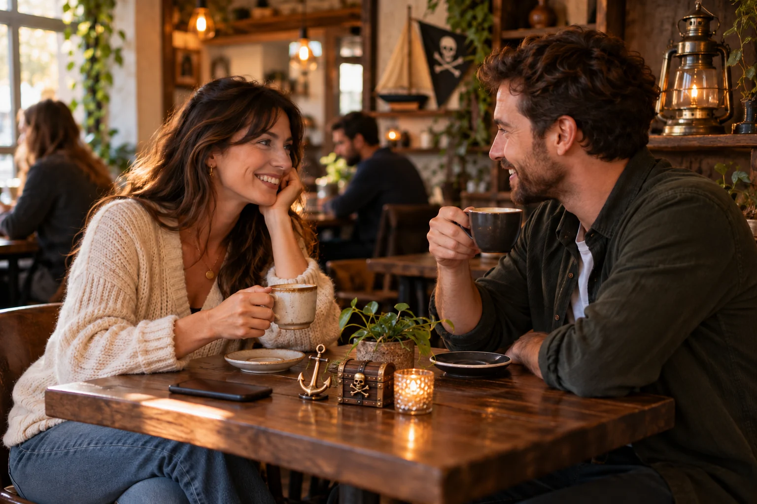 Cafe connection concept: two adults enjoying their first conversation over coffee, with a phone put away, a tiny treasure chest on the table and a discreet pirate pennant