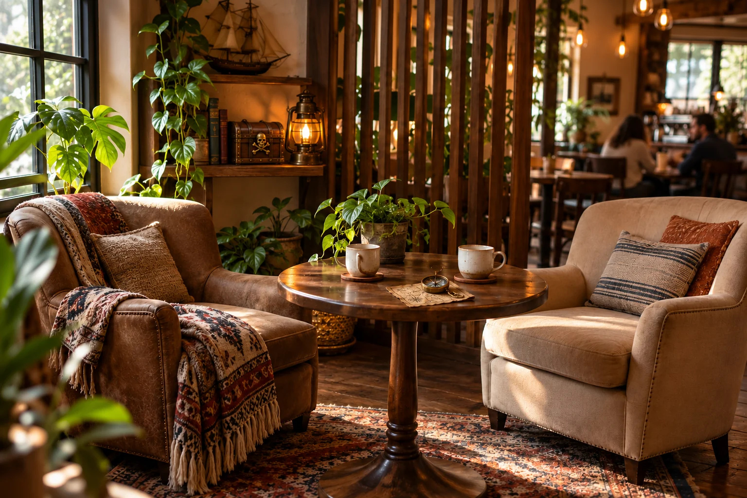 Private conversation space concept: two comfortable chairs and coffee beside a plant-screened alcove, a small ship lantern and a pirate treasure box
